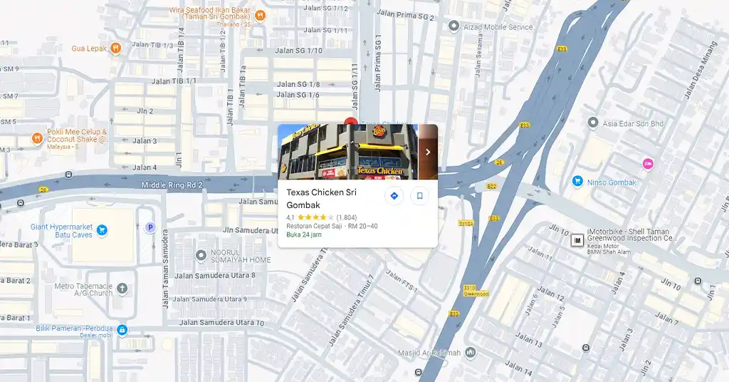 Lokasi dan Waktu Operasi Texas Chicken Sri Gombak